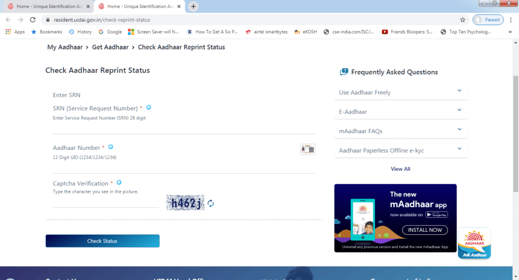 Aadhaar reprint receipt