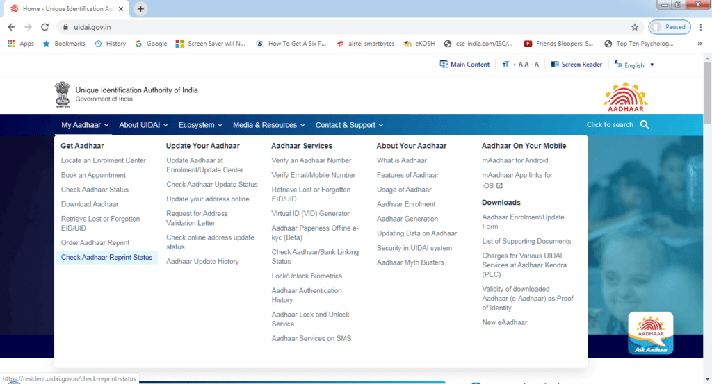‘Check Aadhaar Reprint Status’